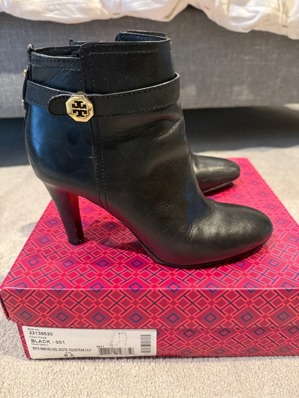 Tory Burch Black Leather Pointed-Toe Ankle Booties with Gold Logo
